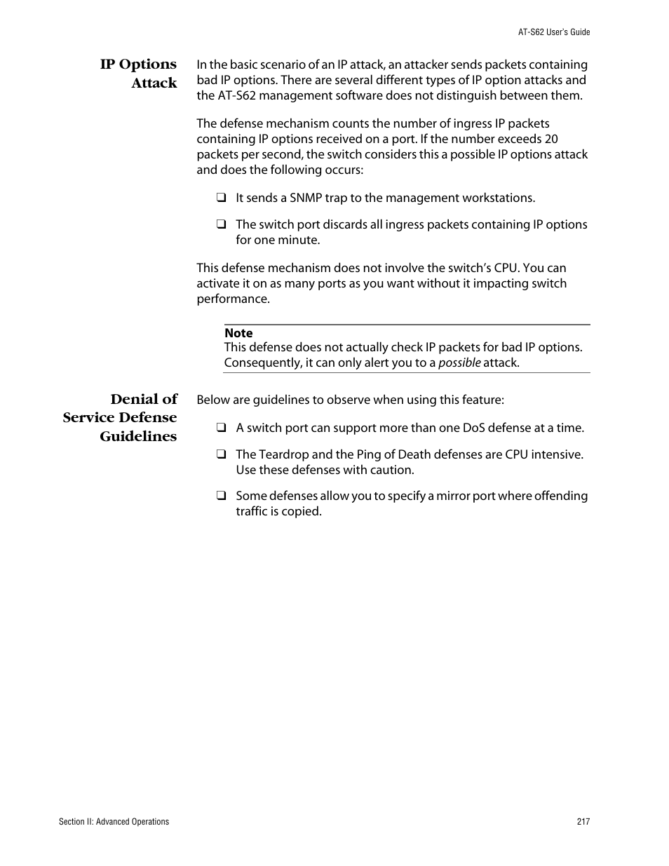 Ip options attack, Denial of service defense guidelines | Allied Telesis AT-S62 User Manual | Page 217 / 862