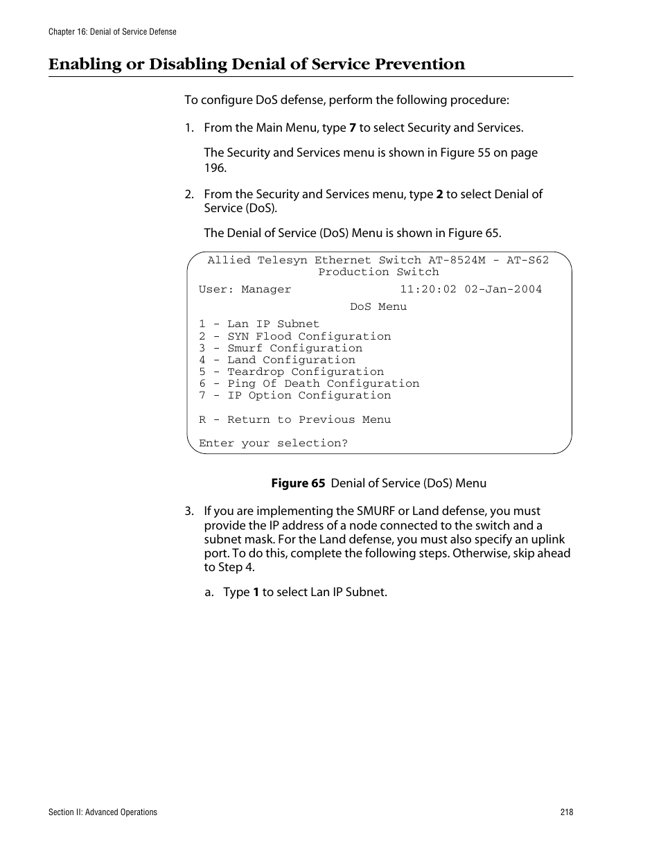 Enabling or disabling denial of service prevention, Figure 65: denial of service (dos) menu | Allied Telesis AT-S62 User Manual | Page 218 / 862