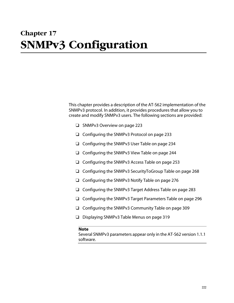 Chapter 17, Snmpv3 configuration, Chapter 17 snmpv3 configuration | Allied Telesis AT-S62 User Manual | Page 222 / 862