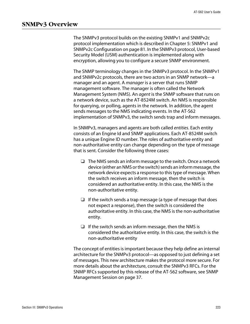 Snmpv3 overview | Allied Telesis AT-S62 User Manual | Page 223 / 862