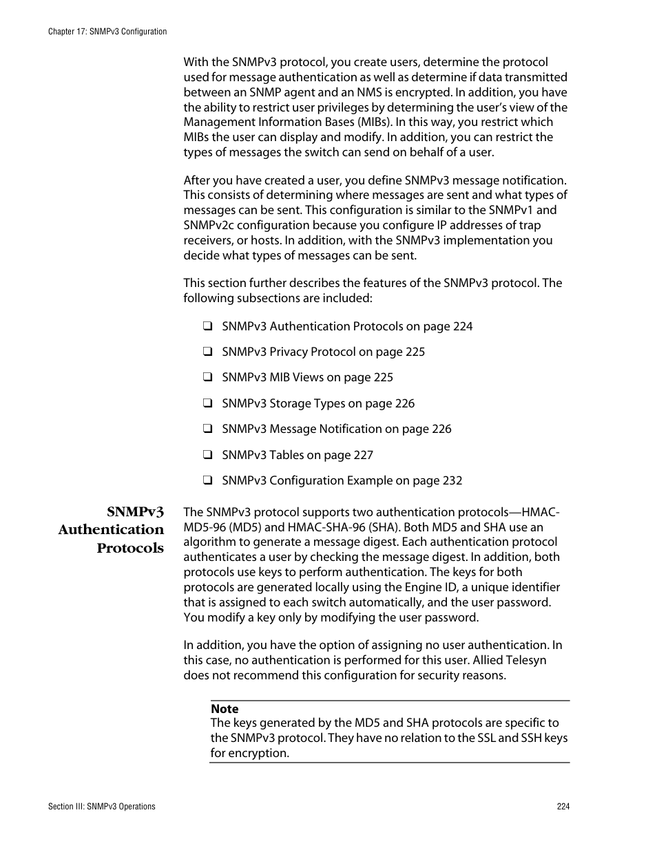 Snmpv3 authentication protocols | Allied Telesis AT-S62 User Manual | Page 224 / 862