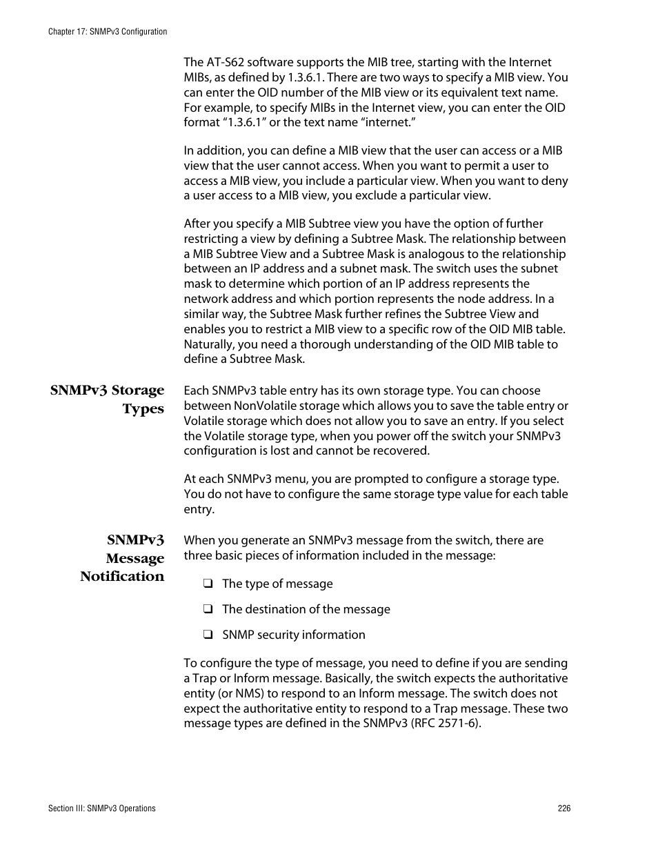 Snmpv3 storage types, Snmpv3 message notification, Snmpv3 storage types snmpv3 message notification | Allied Telesis AT-S62 User Manual | Page 226 / 862