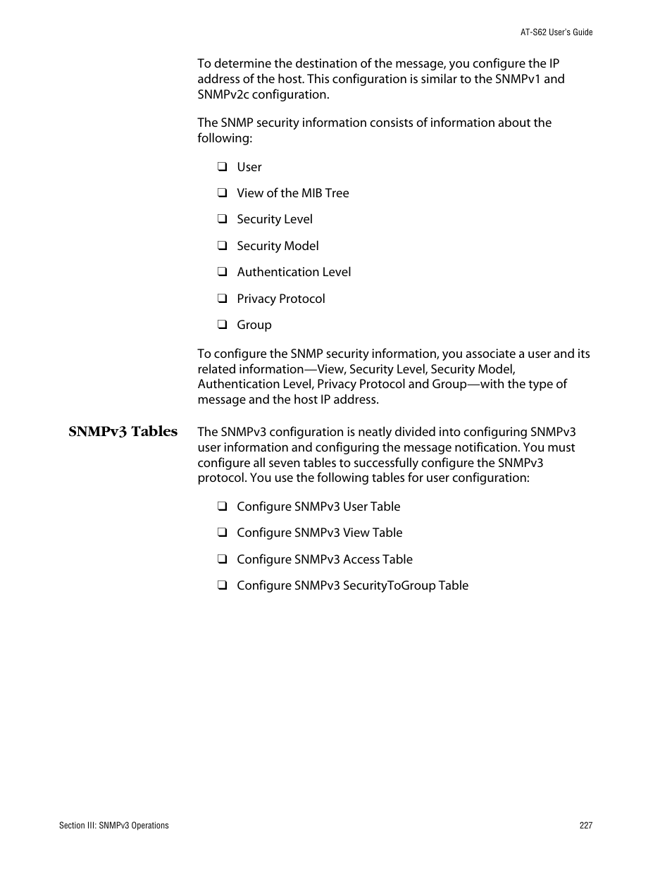 Snmpv3 tables | Allied Telesis AT-S62 User Manual | Page 227 / 862