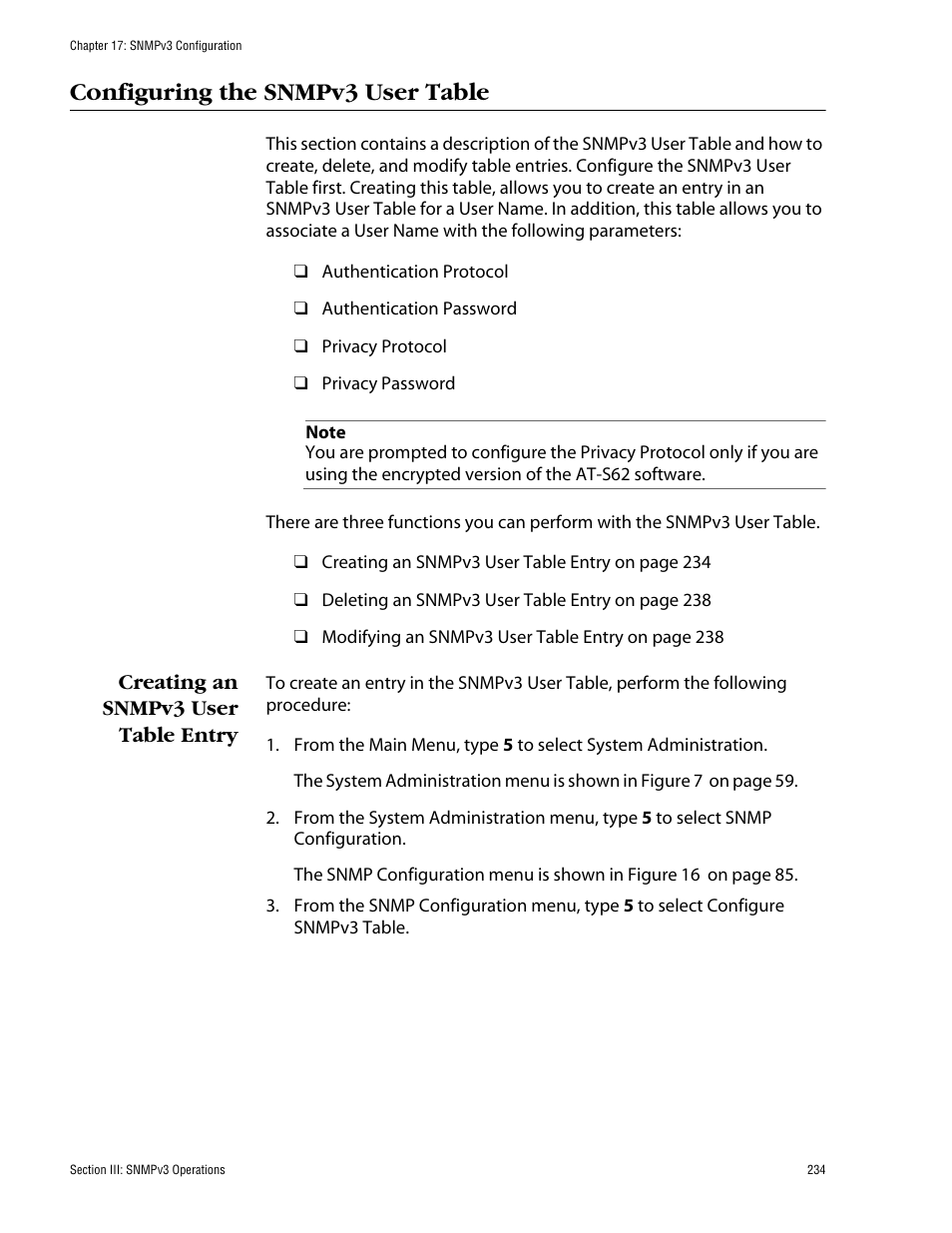 Configuring the snmpv3 user table, Creating an snmpv3 user table entry | Allied Telesis AT-S62 User Manual | Page 234 / 862