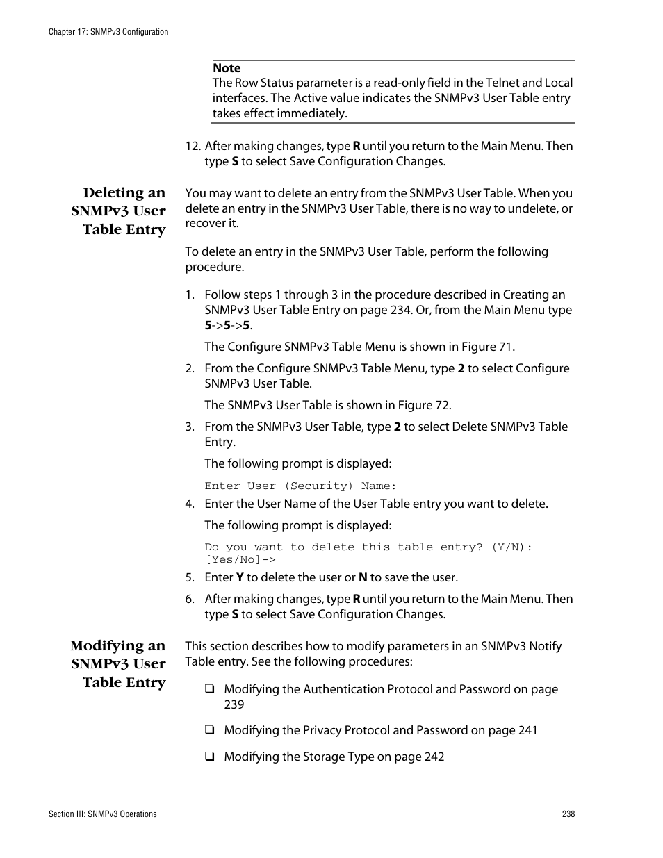 Deleting an snmpv3 user table entry, Modifying an snmpv3 user table entry | Allied Telesis AT-S62 User Manual | Page 238 / 862