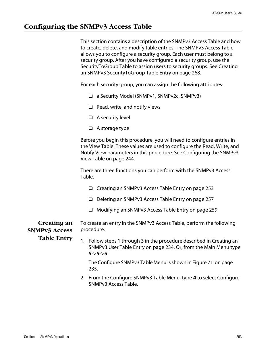 Configuring the snmpv3 access table, Creating an snmpv3 access table entry | Allied Telesis AT-S62 User Manual | Page 253 / 862