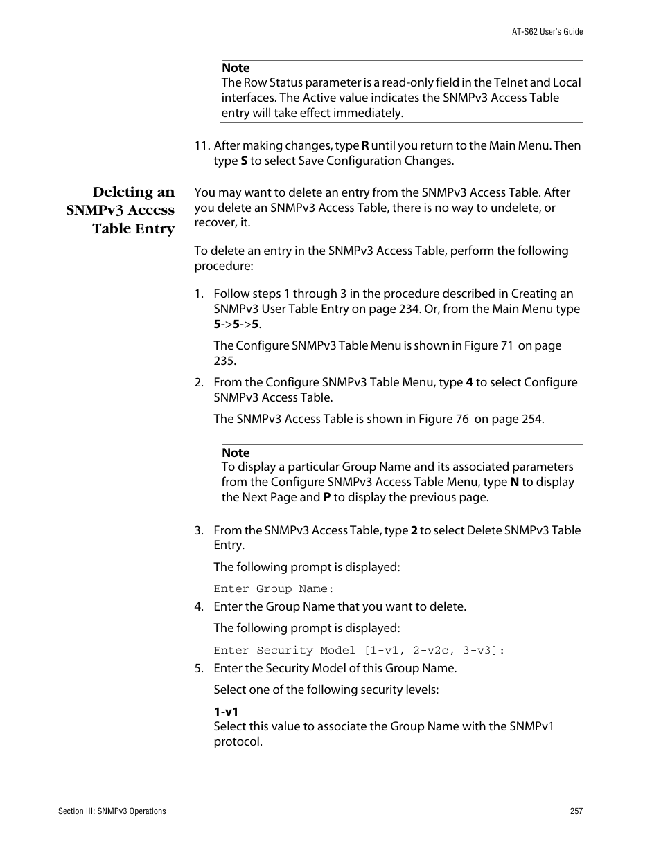 Deleting an snmpv3 access table entry | Allied Telesis AT-S62 User Manual | Page 257 / 862