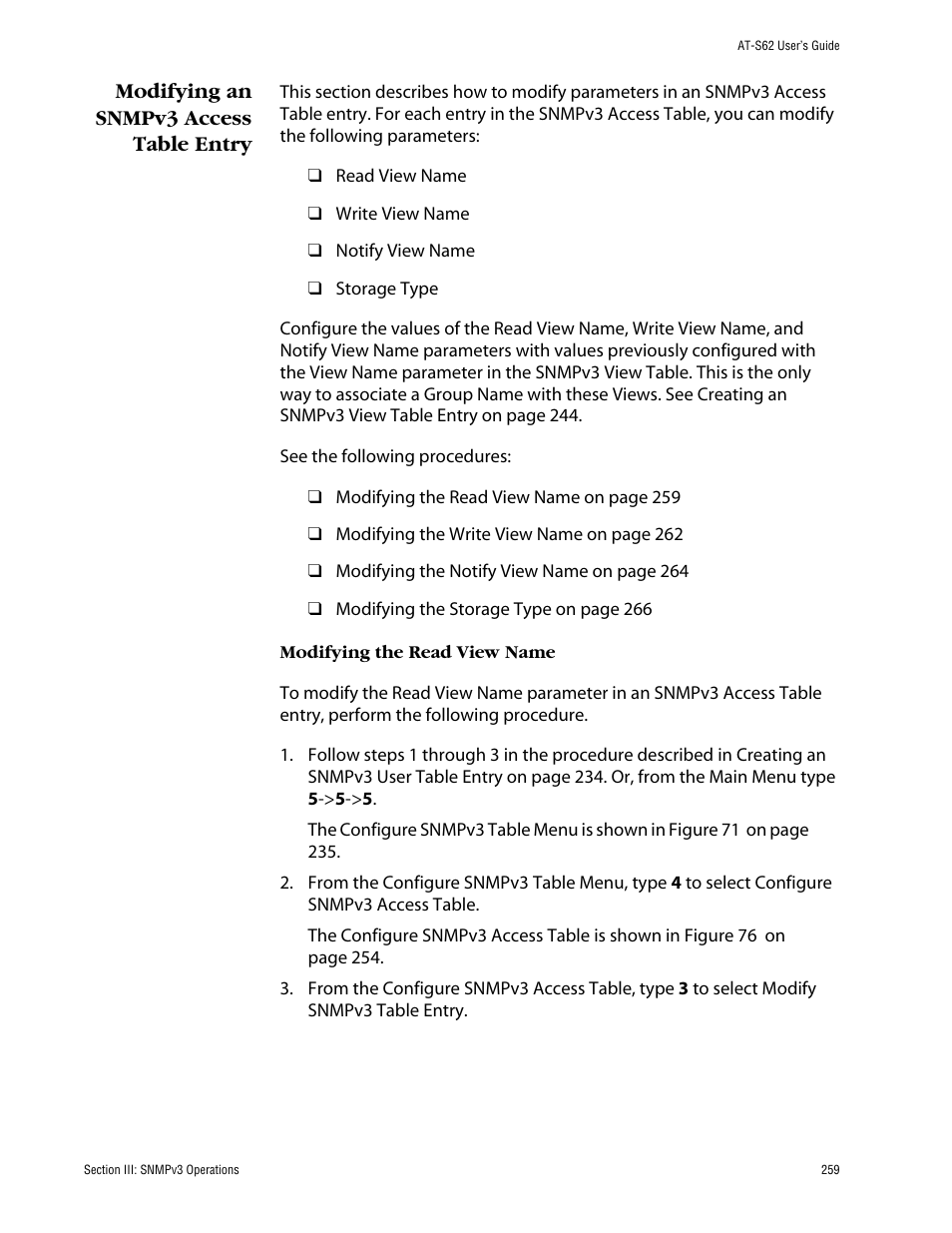 Modifying an snmpv3 access table entry | Allied Telesis AT-S62 User Manual | Page 259 / 862