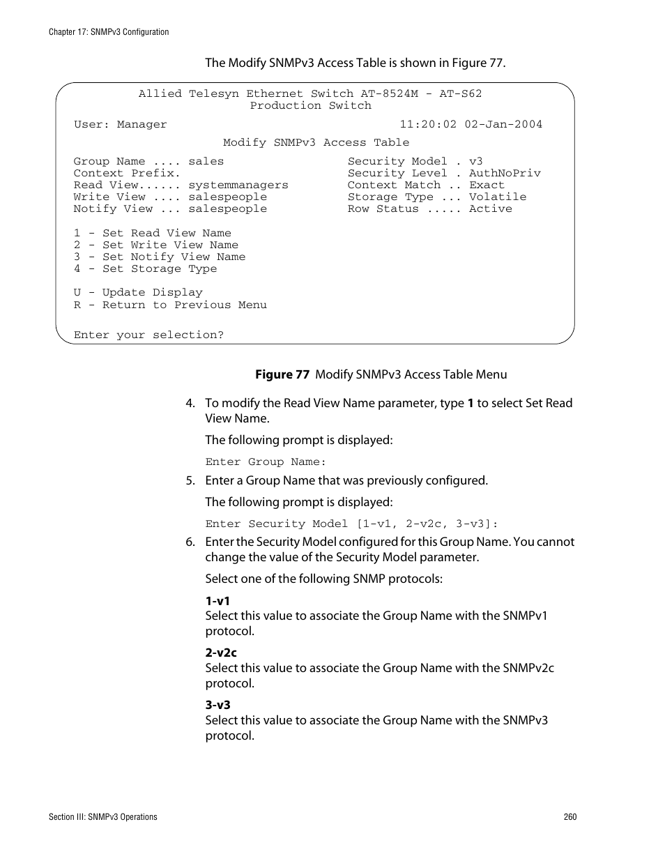 Figure 77: modify snmpv3 access table menu | Allied Telesis AT-S62 User Manual | Page 260 / 862