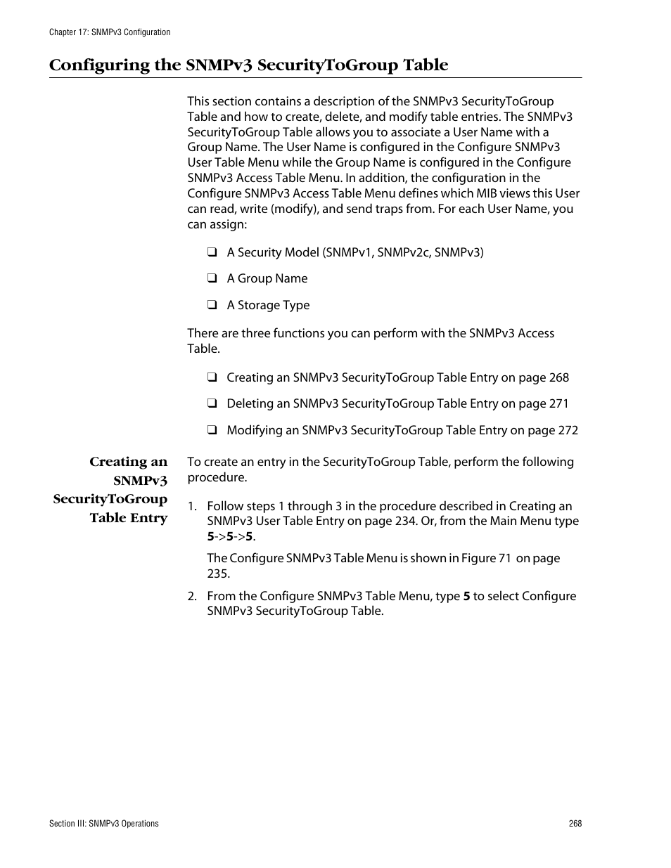 Configuring the snmpv3 securitytogroup table, Creating an snmpv3 securitytogroup table entry | Allied Telesis AT-S62 User Manual | Page 268 / 862