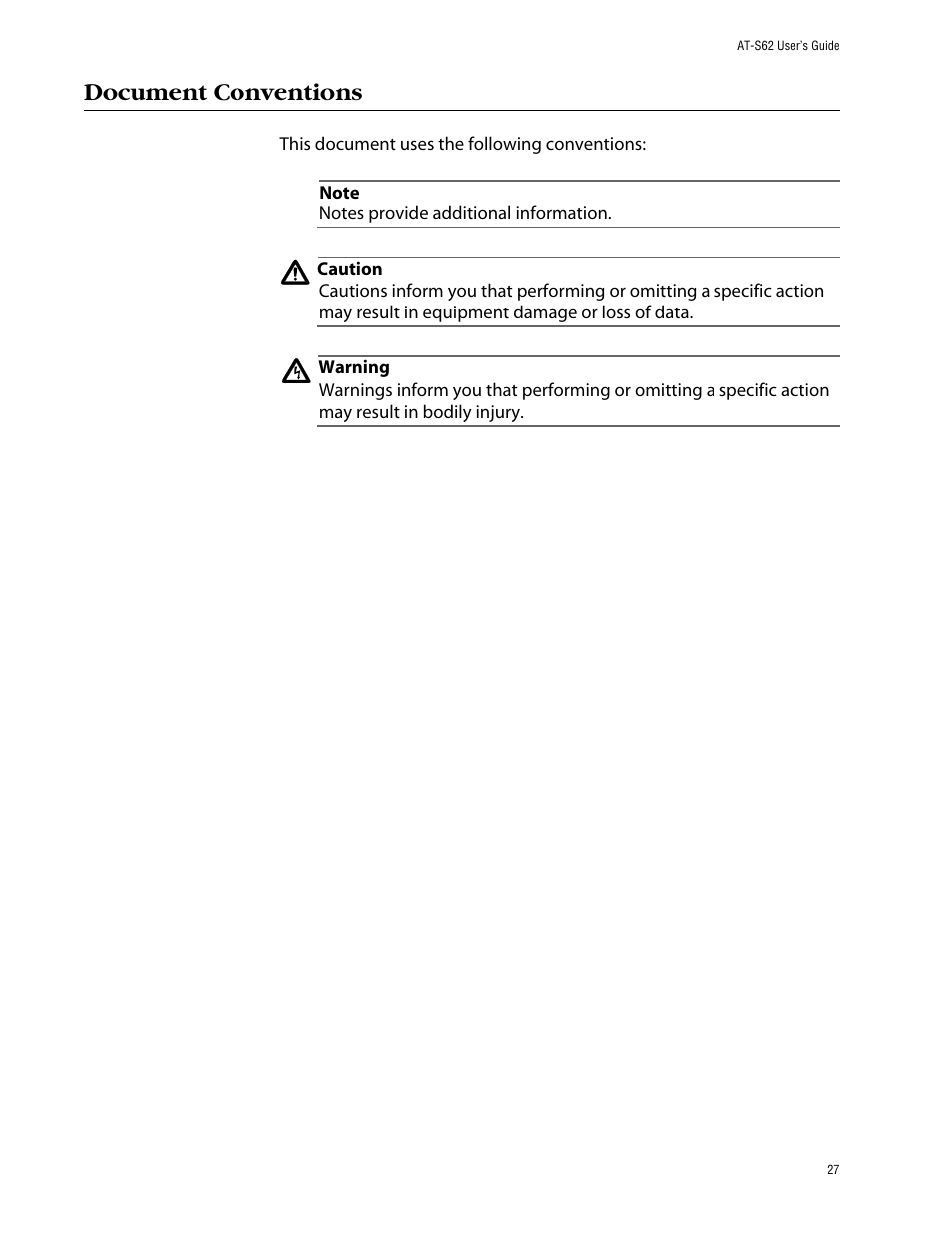 Document conventions | Allied Telesis AT-S62 User Manual | Page 27 / 862