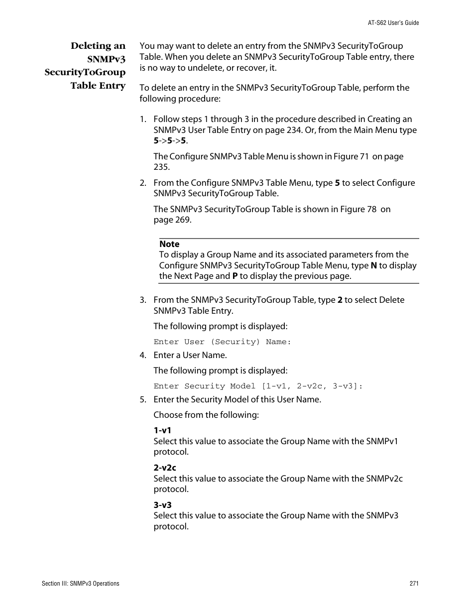 Deleting an snmpv3 securitytogroup table entry | Allied Telesis AT-S62 User Manual | Page 271 / 862