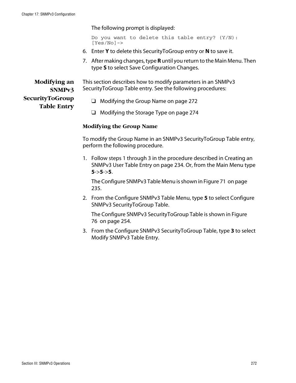 Modifying an snmpv3 securitytogroup table entry | Allied Telesis AT-S62 User Manual | Page 272 / 862