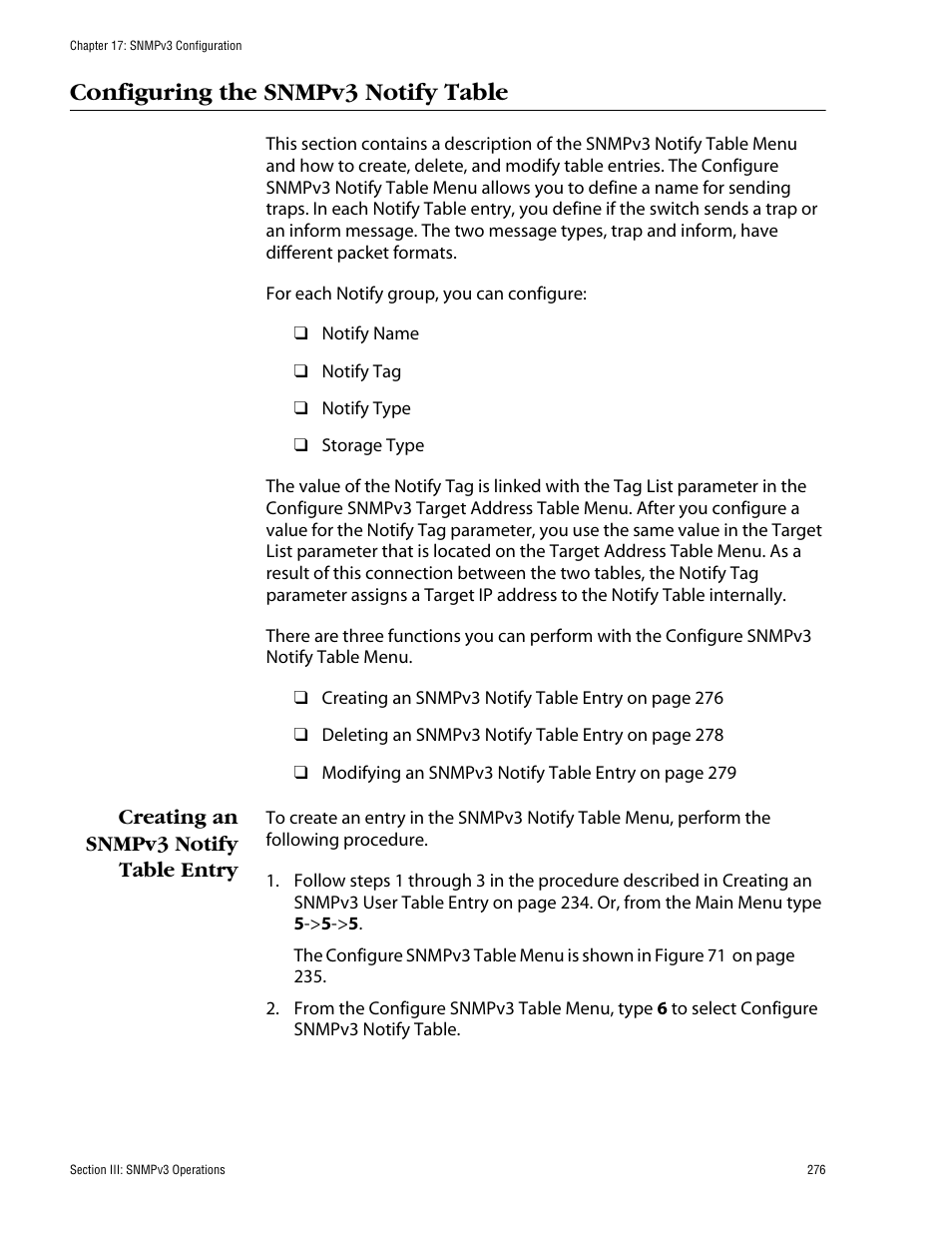 Configuring the snmpv3 notify table, Creating an snmpv3 notify table entry | Allied Telesis AT-S62 User Manual | Page 276 / 862