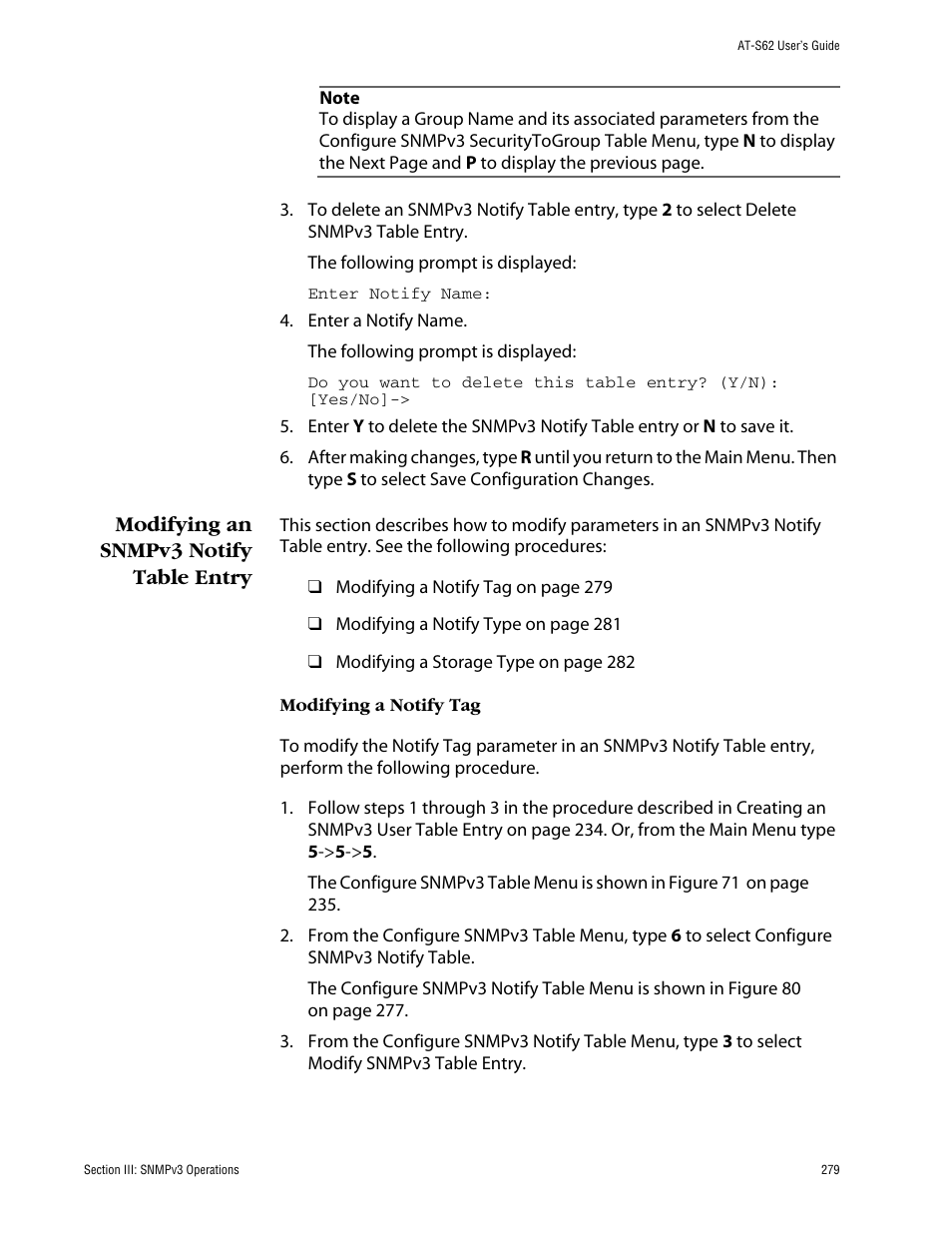 Modifying an snmpv3 notify table entry | Allied Telesis AT-S62 User Manual | Page 279 / 862