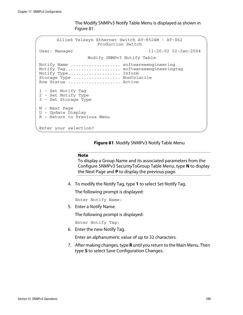 Figure 81: modify snmpv3 notify table menu | Allied Telesis AT-S62 User Manual | Page 280 / 862