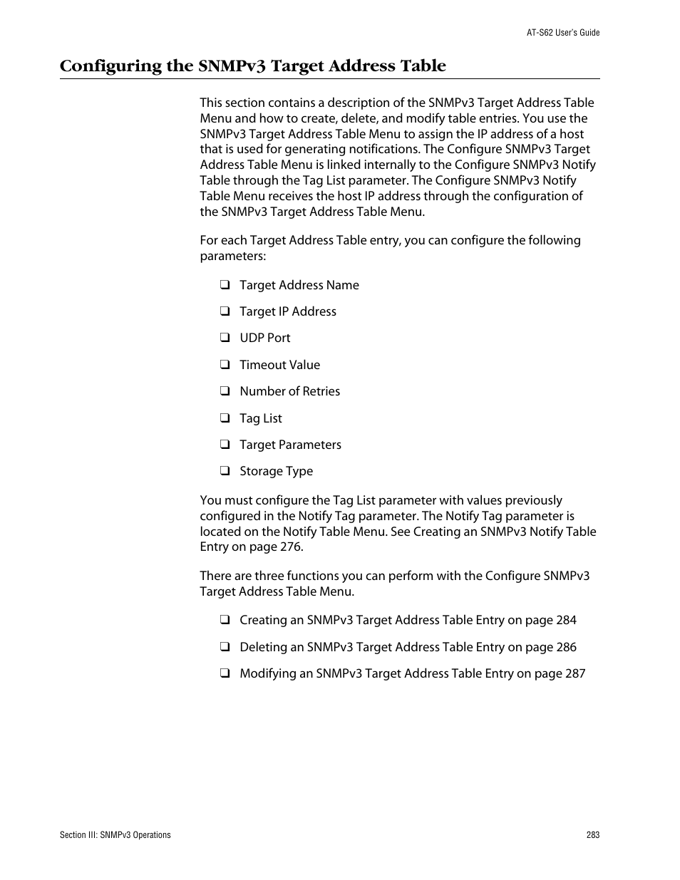 Configuring the snmpv3 target address table | Allied Telesis AT-S62 User Manual | Page 283 / 862