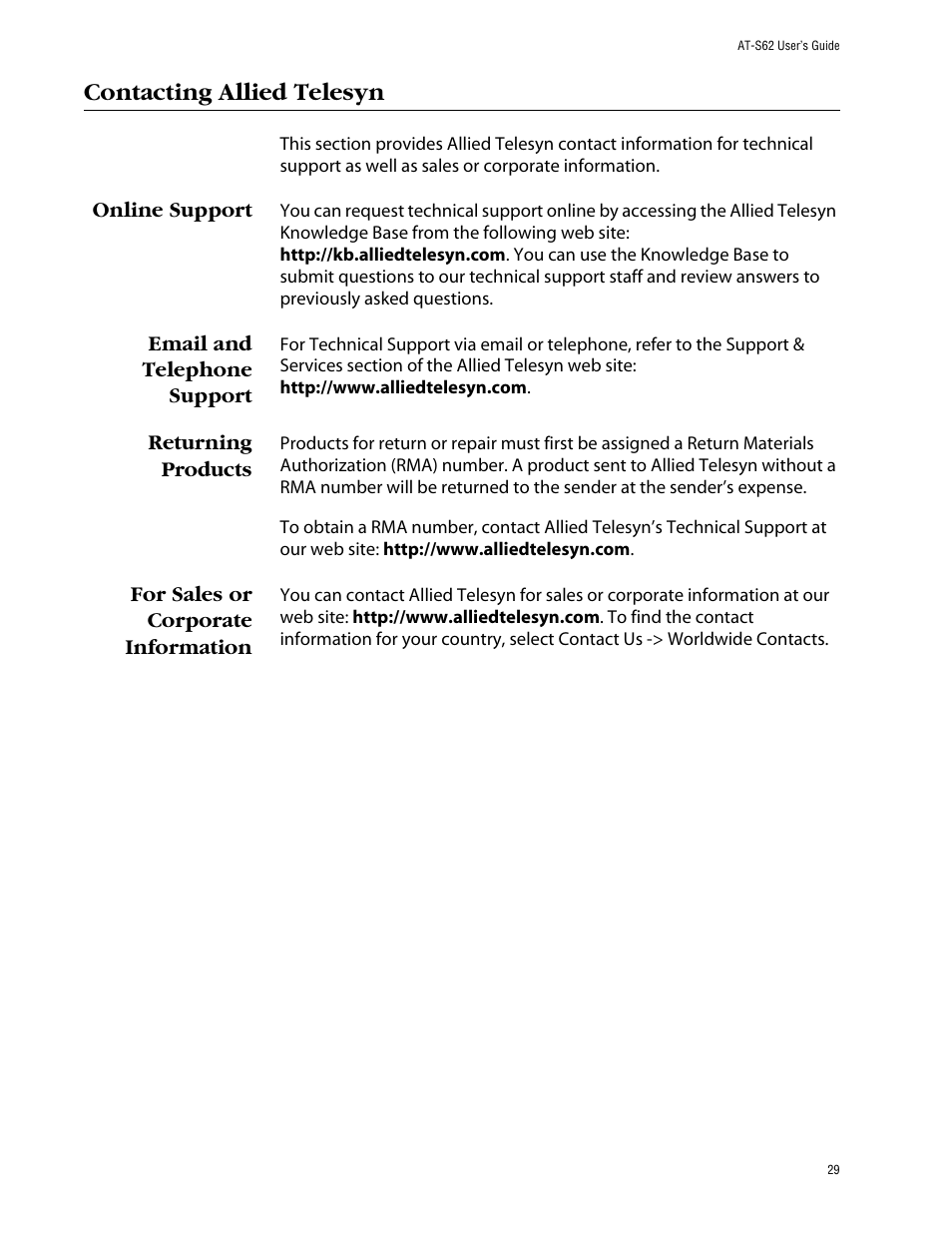 Contacting allied telesyn, Online support, Email and telephone support | Returning products, For sales or corporate information | Allied Telesis AT-S62 User Manual | Page 29 / 862