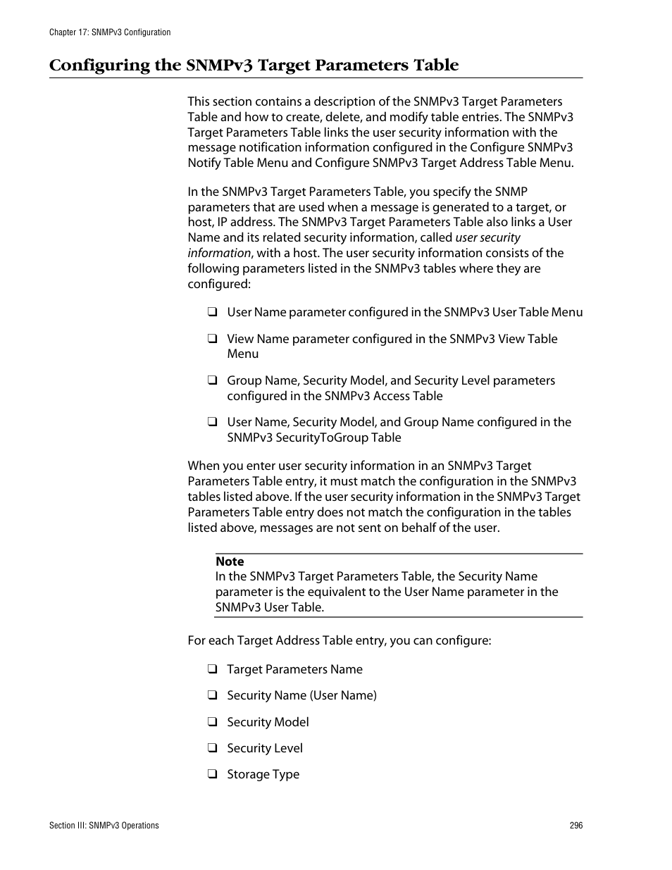 Configuring the snmpv3 target parameters table | Allied Telesis AT-S62 User Manual | Page 296 / 862