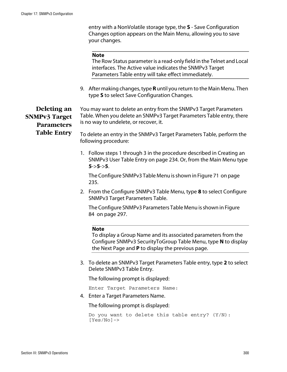 Deleting an snmpv3 target parameters table entry | Allied Telesis AT-S62 User Manual | Page 300 / 862