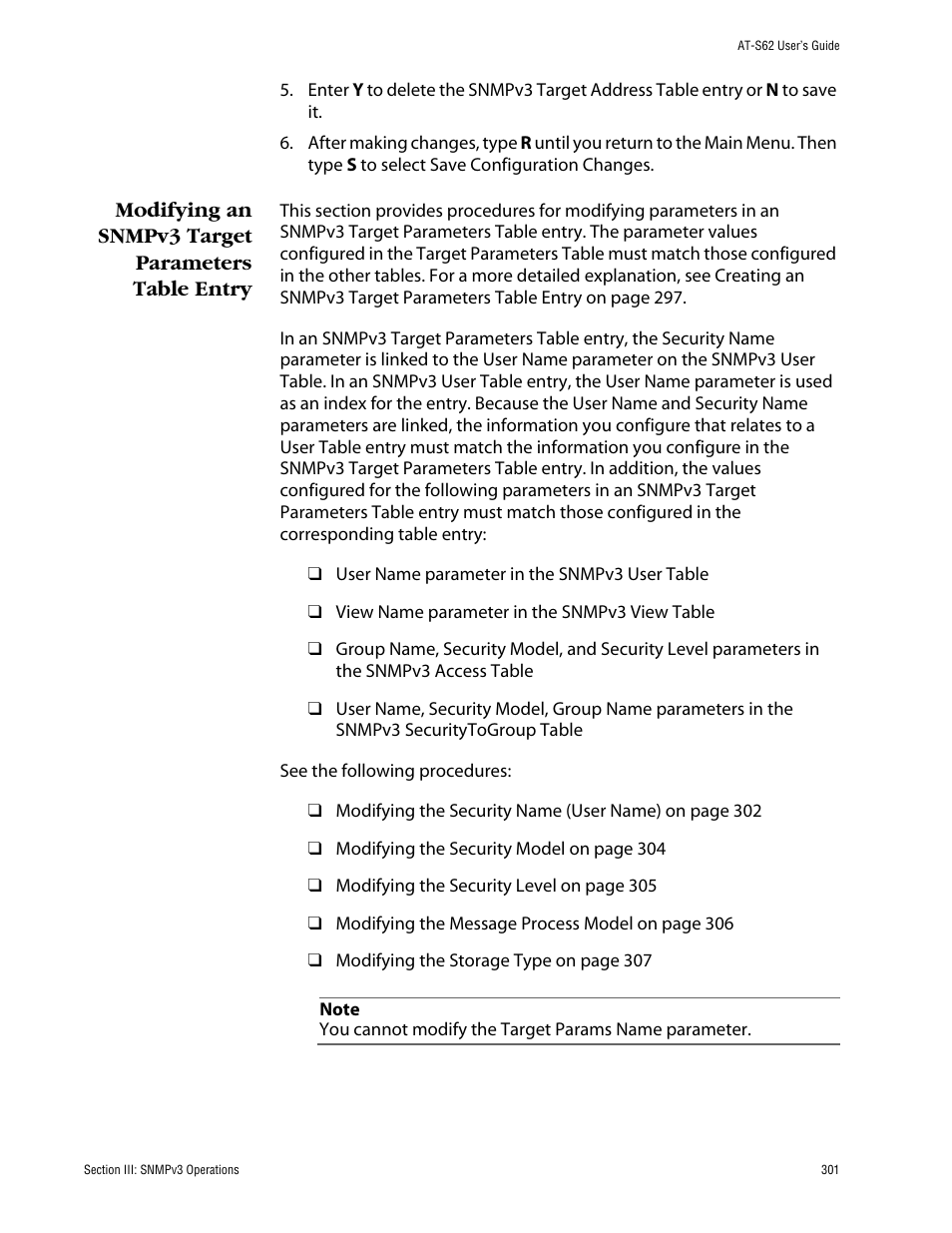 Modifying an snmpv3 target parameters table entry | Allied Telesis AT-S62 User Manual | Page 301 / 862