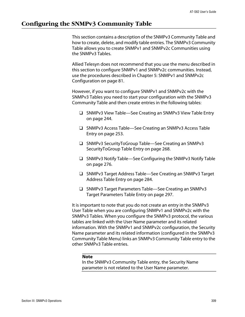 Configuring the snmpv3 community table | Allied Telesis AT-S62 User Manual | Page 309 / 862