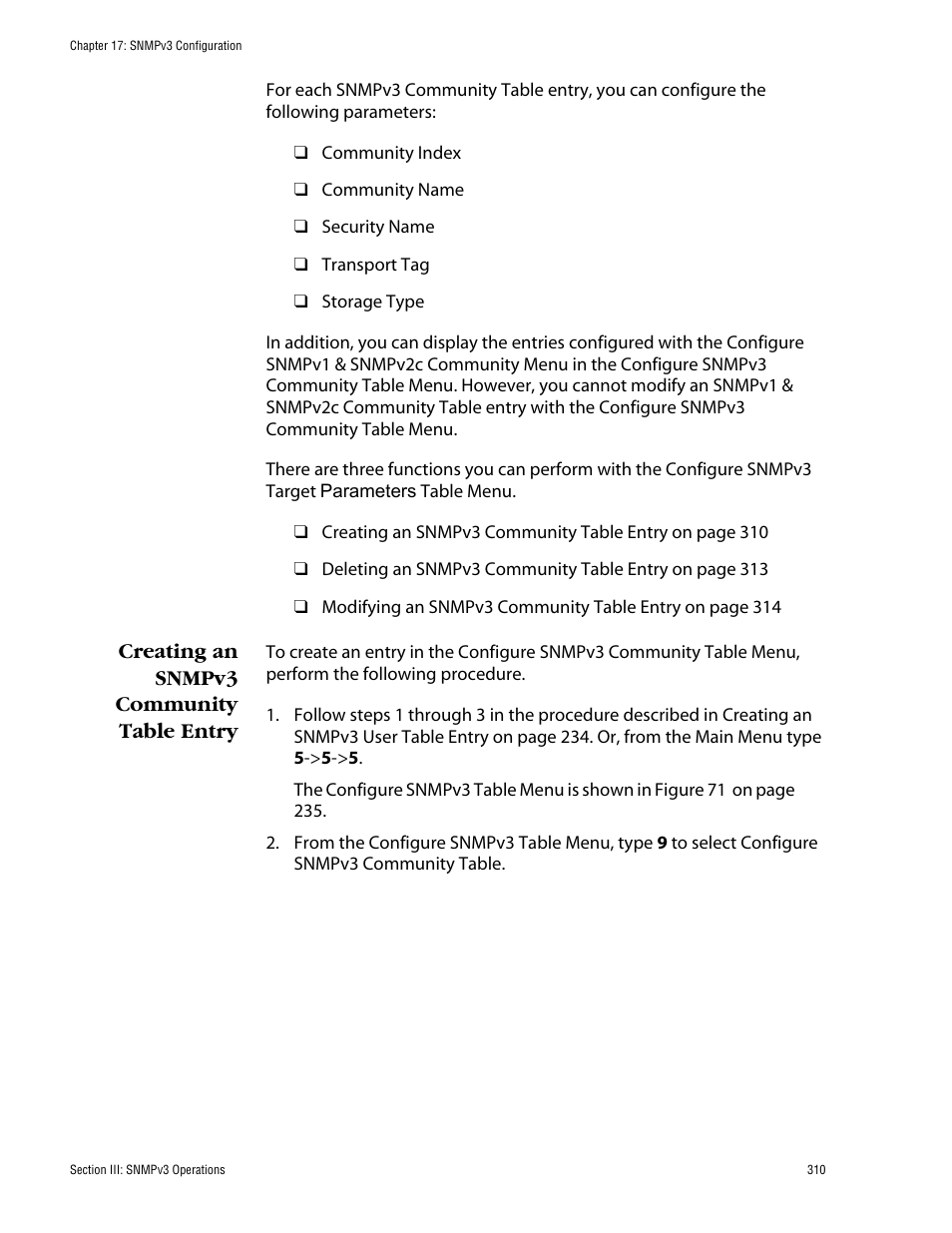 Creating an snmpv3 community table entry | Allied Telesis AT-S62 User Manual | Page 310 / 862