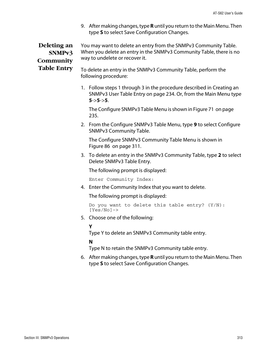 Deleting an snmpv3 community table entry | Allied Telesis AT-S62 User Manual | Page 313 / 862