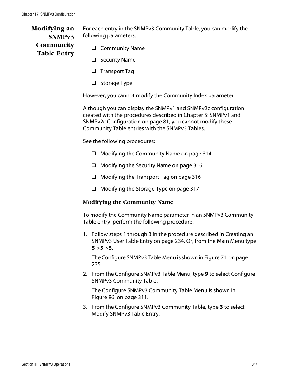 Modifying an snmpv3 community table entry | Allied Telesis AT-S62 User Manual | Page 314 / 862