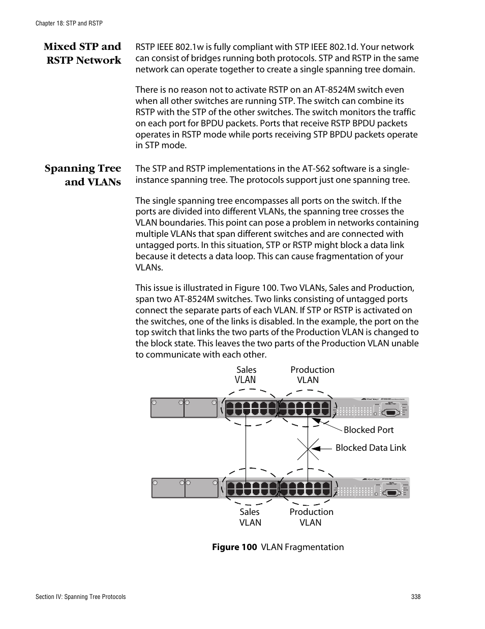 Mixed stp and rstp network, Spanning tree and vlans, Mixed stp and rstp network spanning tree and vlans | Figure 100: vlan fragmentation | Allied Telesis AT-S62 User Manual | Page 338 / 862