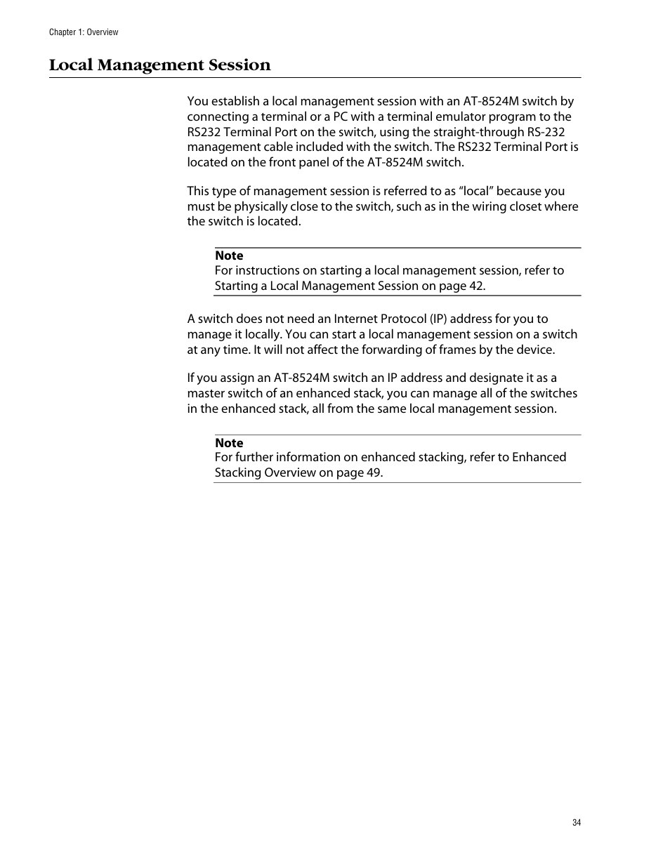 Local management session | Allied Telesis AT-S62 User Manual | Page 34 / 862