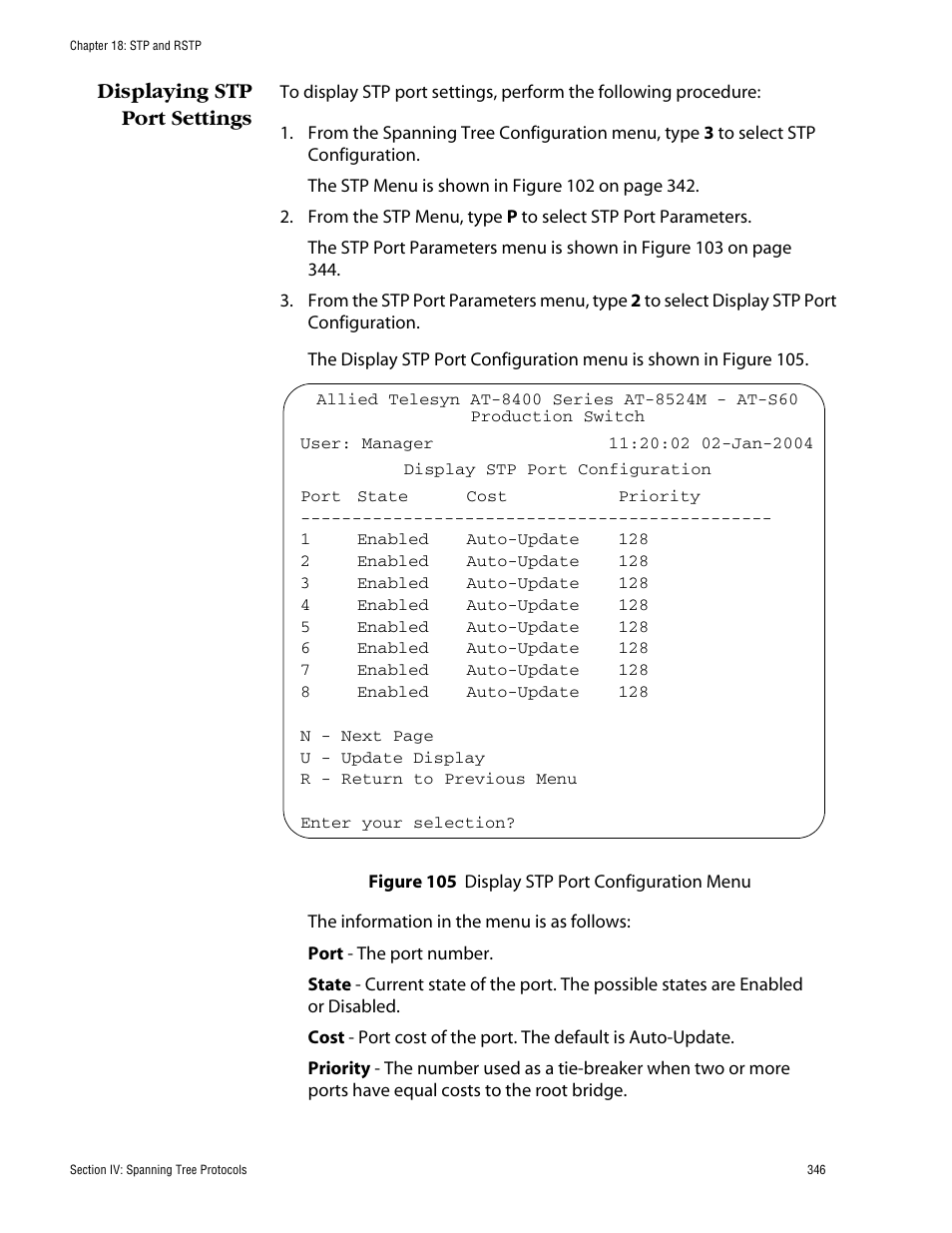 Displaying stp port settings, Display stp port configuration menu | Allied Telesis AT-S62 User Manual | Page 346 / 862