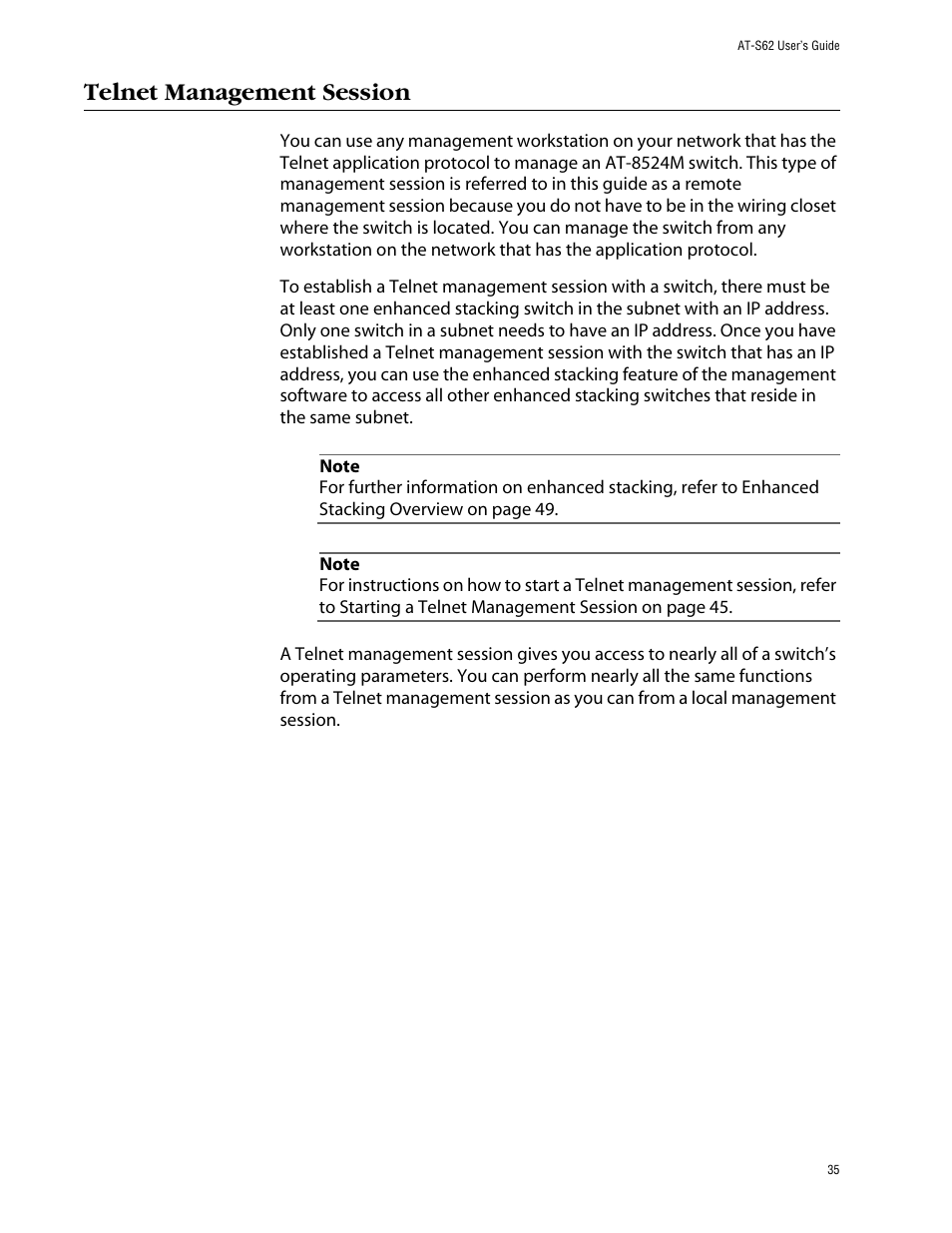 Telnet management session | Allied Telesis AT-S62 User Manual | Page 35 / 862