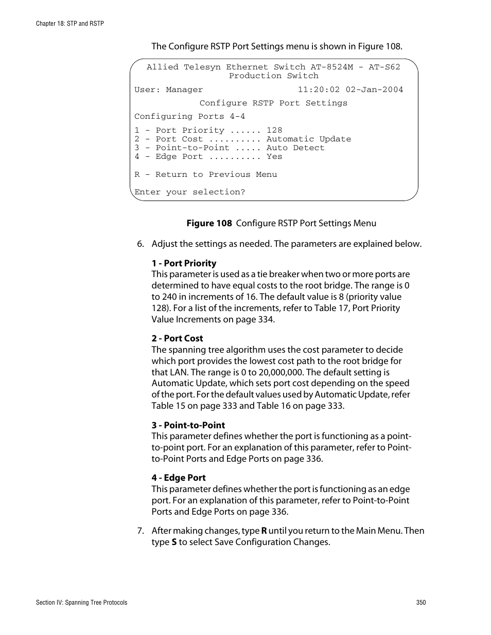 Figure 108: configure rstp port settings menu | Allied Telesis AT-S62 User Manual | Page 350 / 862