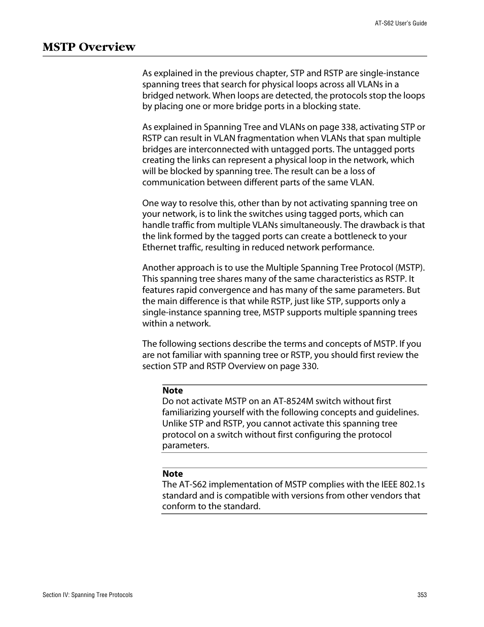 Mstp overview | Allied Telesis AT-S62 User Manual | Page 353 / 862