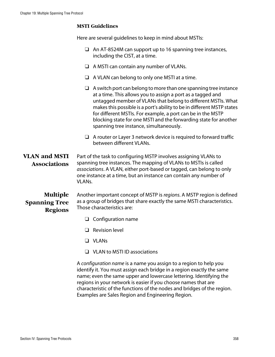 Vlan and msti associations, Multiple spanning tree regions | Allied Telesis AT-S62 User Manual | Page 358 / 862