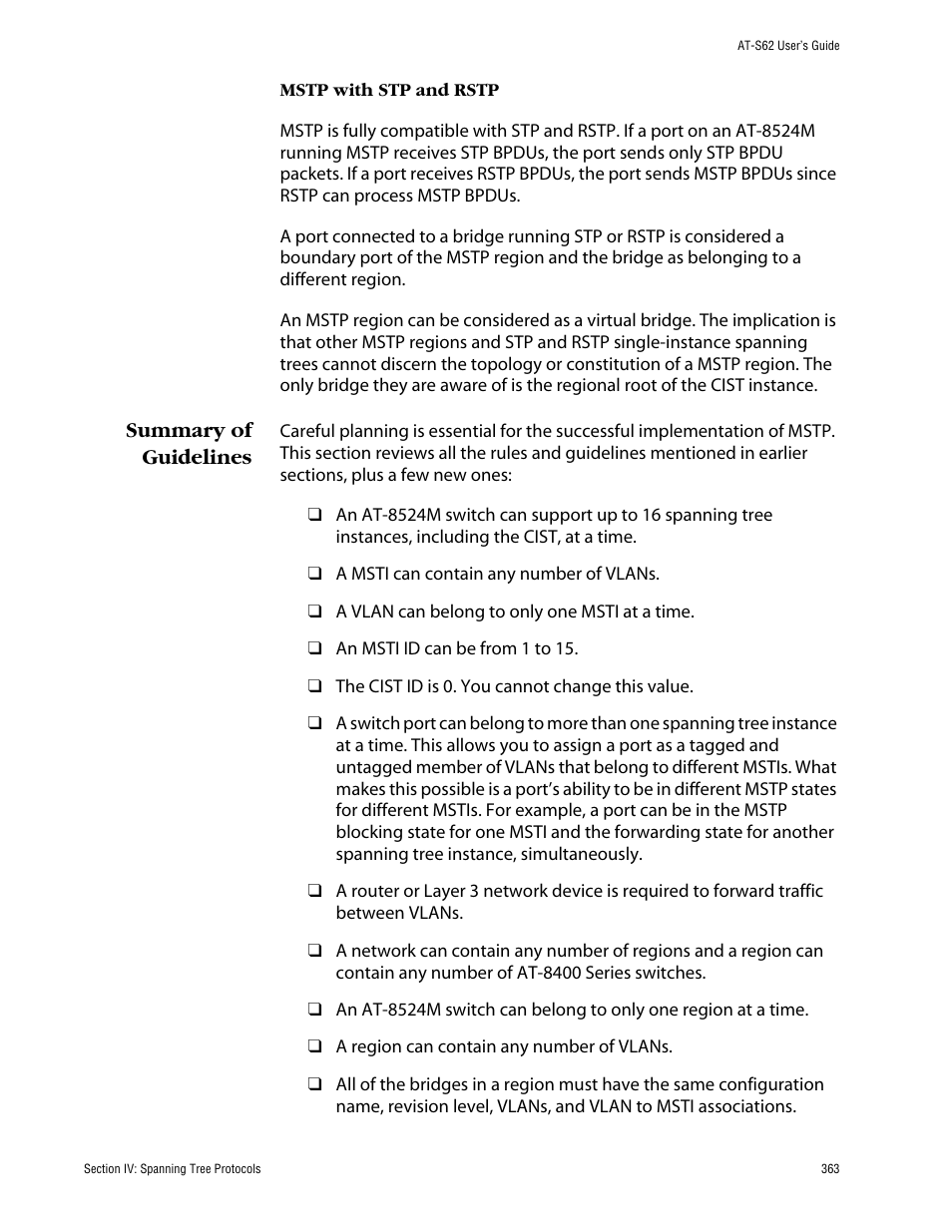 Summary of guidelines | Allied Telesis AT-S62 User Manual | Page 363 / 862