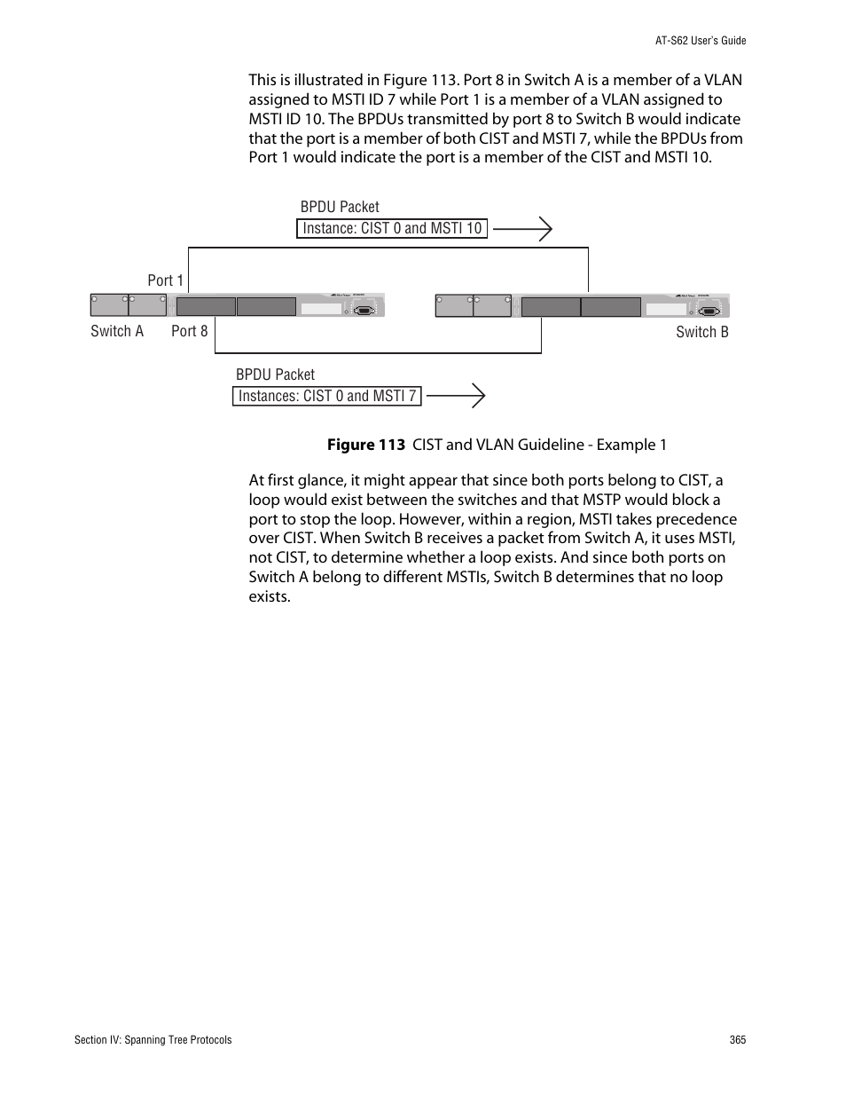 Figure 113: cist and vlan guideline - example 1 | Allied Telesis AT-S62 User Manual | Page 365 / 862