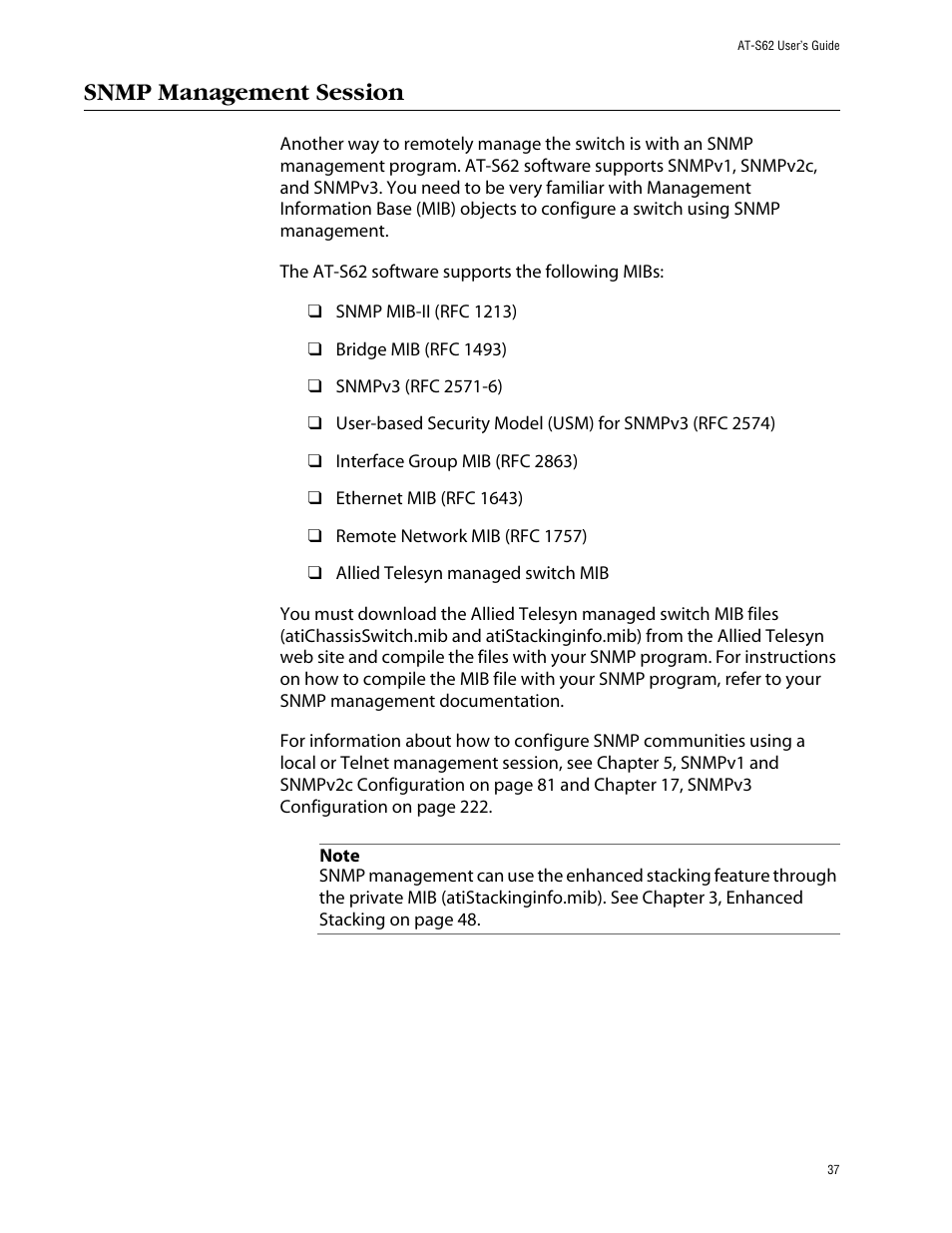 Snmp management session | Allied Telesis AT-S62 User Manual | Page 37 / 862