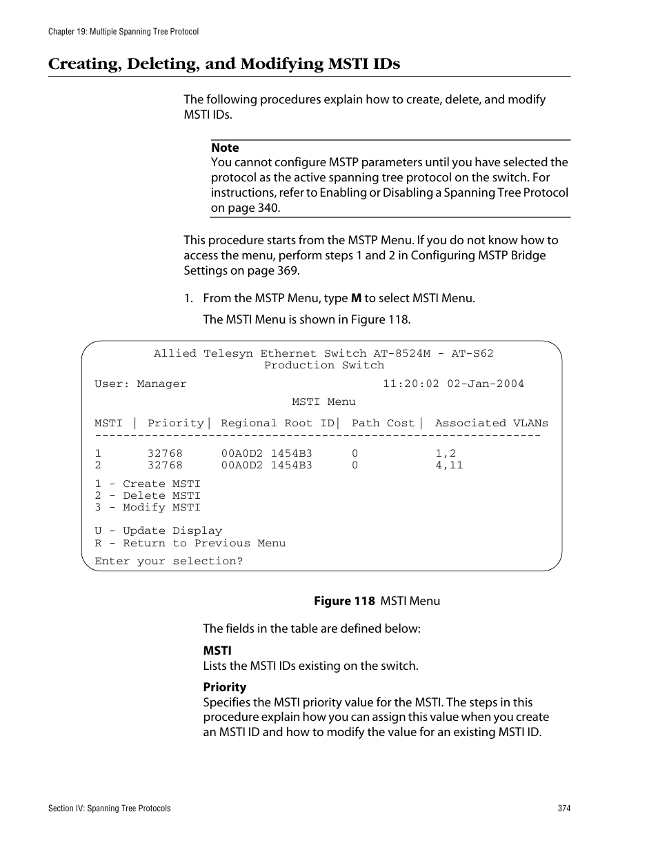Creating, deleting, and modifying msti ids, Figure 118: msti menu | Allied Telesis AT-S62 User Manual | Page 374 / 862