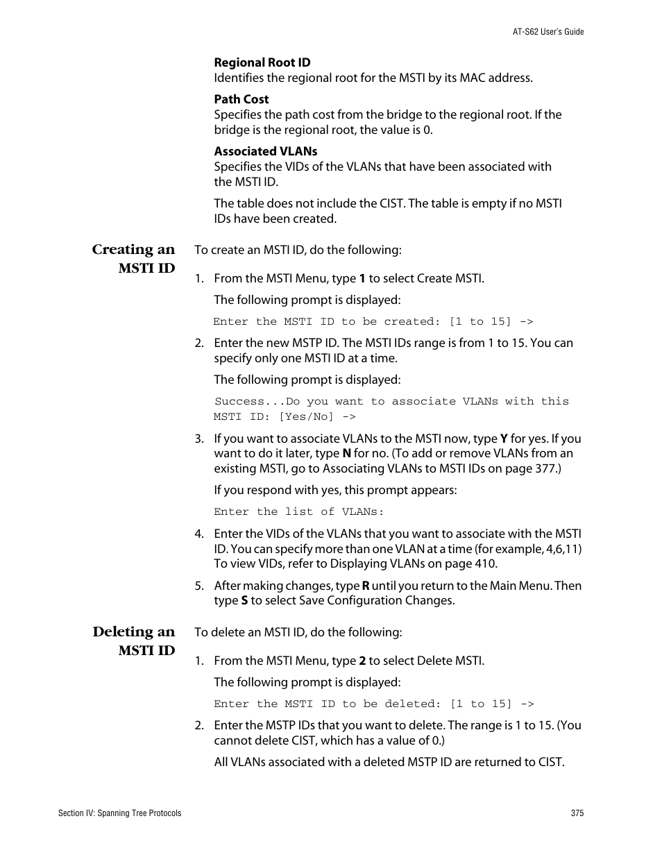 Creating an msti id, Deleting an msti id, Creating an msti id deleting an msti id | Allied Telesis AT-S62 User Manual | Page 375 / 862