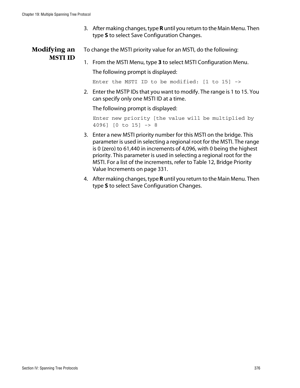 Modifying an msti id | Allied Telesis AT-S62 User Manual | Page 376 / 862