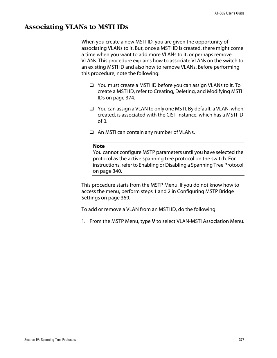 Associating vlans to msti ids | Allied Telesis AT-S62 User Manual | Page 377 / 862
