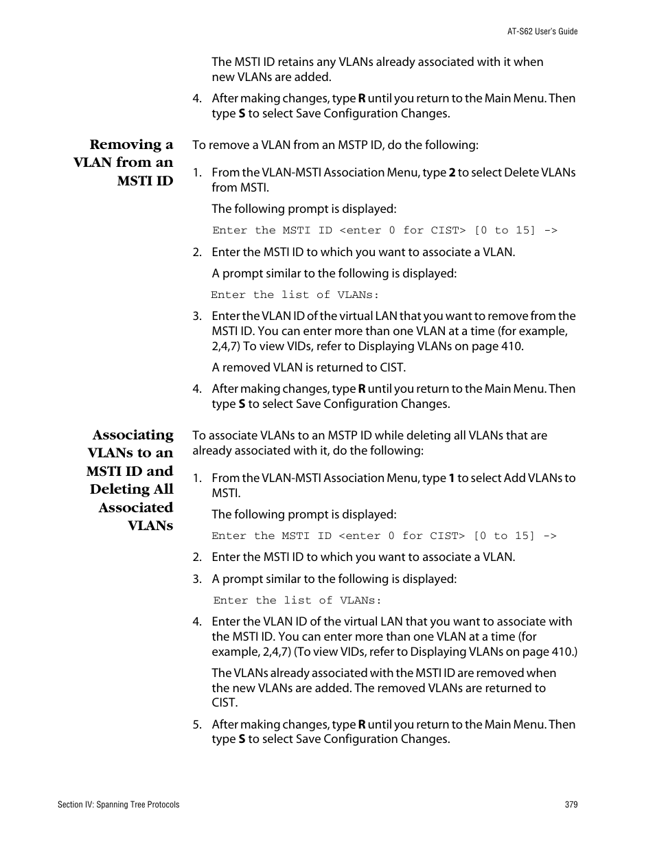 Removing a vlan from an msti id | Allied Telesis AT-S62 User Manual | Page 379 / 862