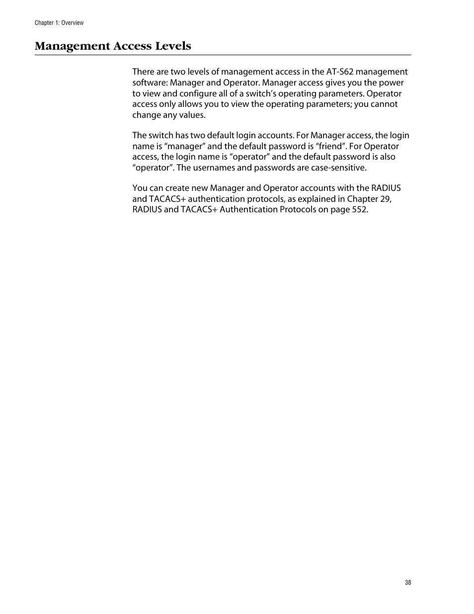Management access levels | Allied Telesis AT-S62 User Manual | Page 38 / 862