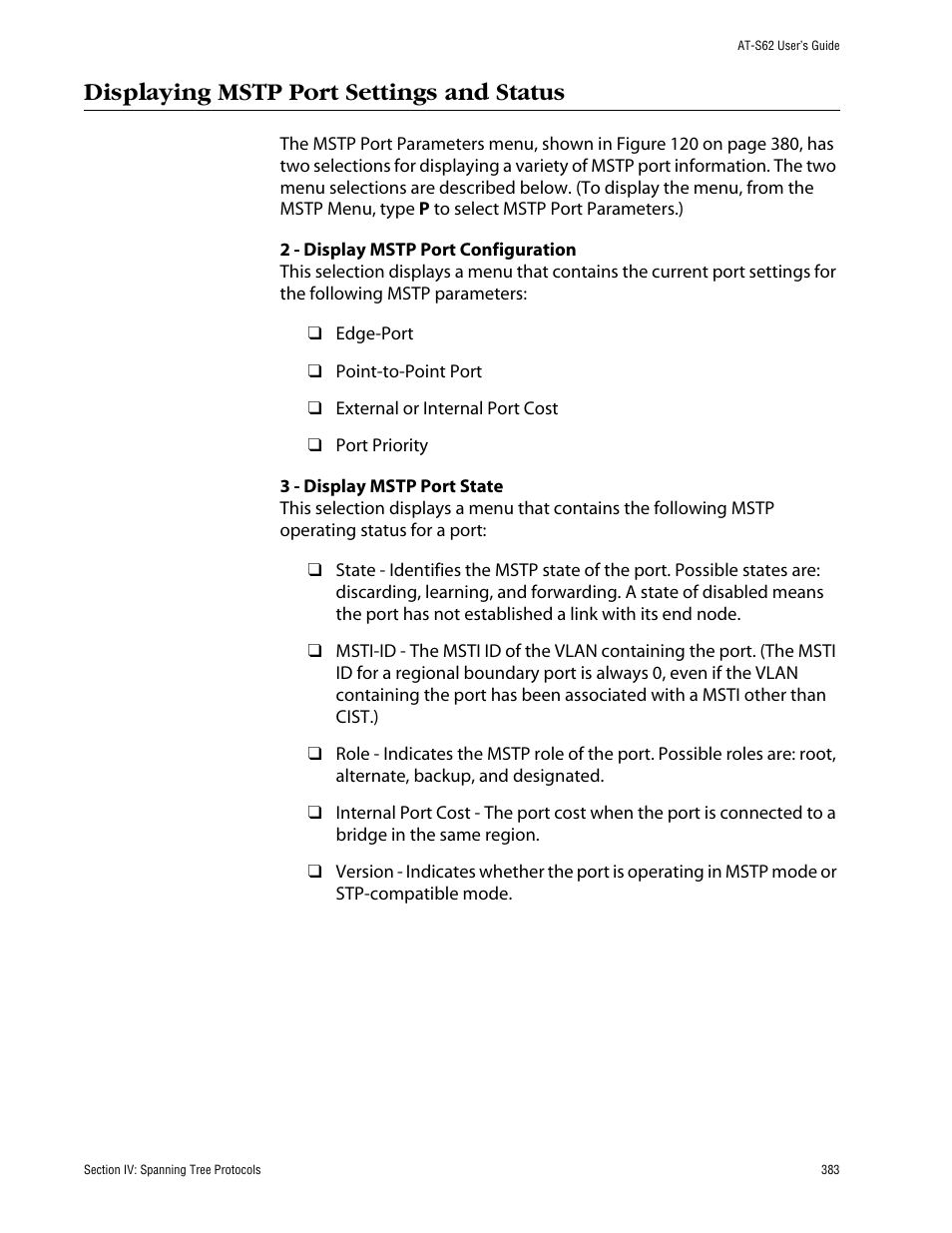 Displaying mstp port settings and status | Allied Telesis AT-S62 User Manual | Page 383 / 862