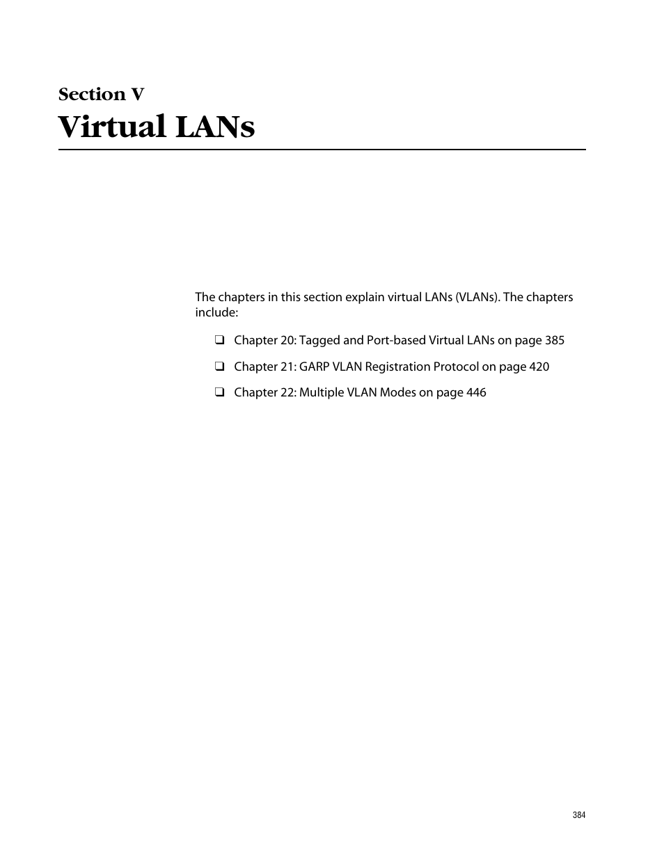 Section v, Virtual lans, Section v virtual lans | Allied Telesis AT-S62 User Manual | Page 384 / 862
