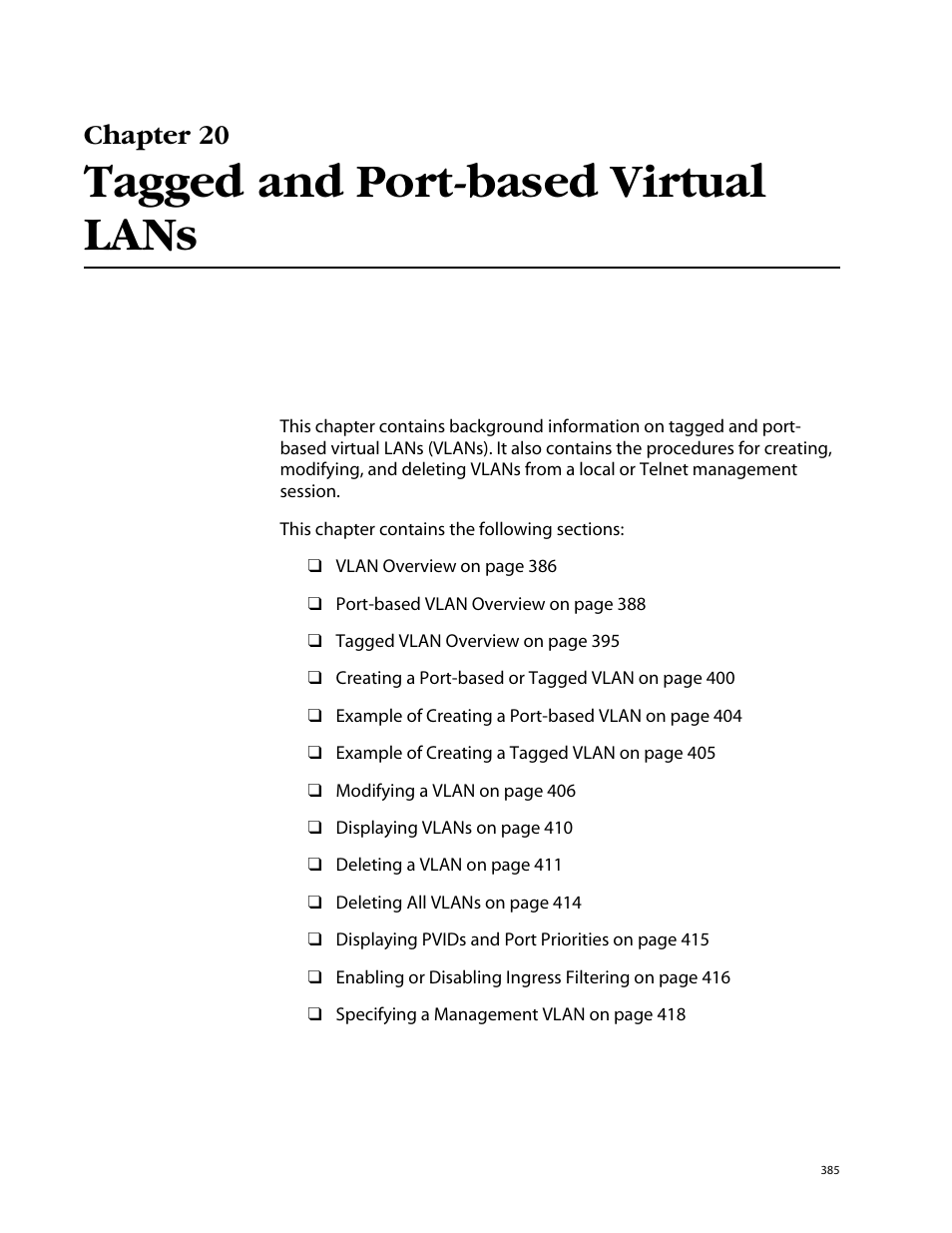 Chapter 20, Tagged and port-based virtual lans, Chapter 20 tagged and port-based virtual lans | Allied Telesis AT-S62 User Manual | Page 385 / 862