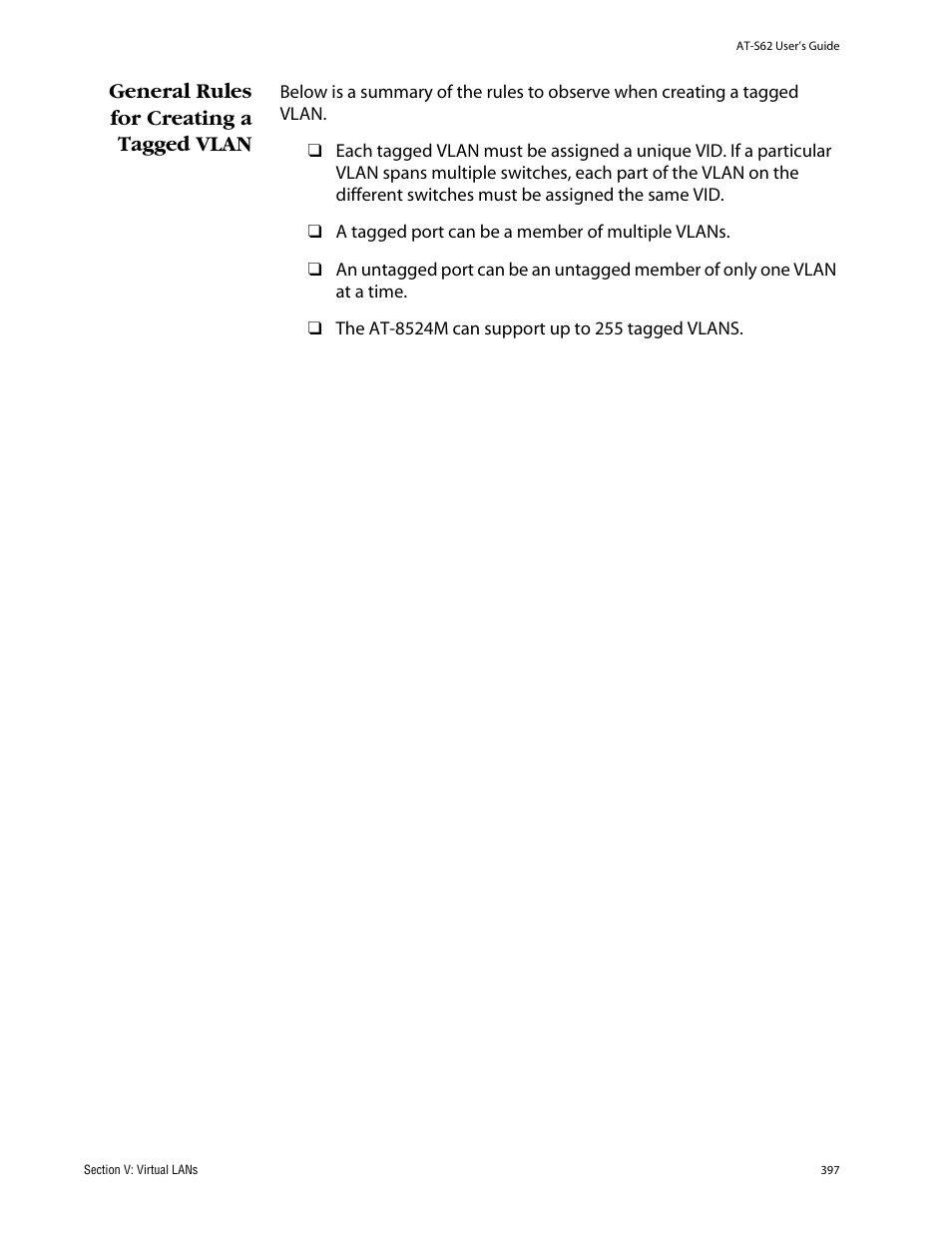 General rules for creating a tagged vlan | Allied Telesis AT-S62 User Manual | Page 397 / 862