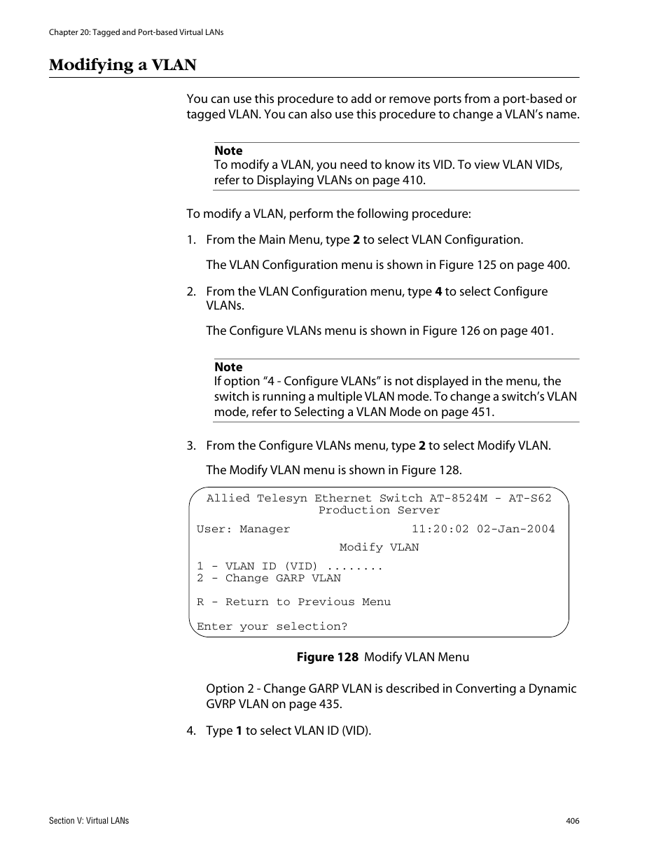 Modifying a vlan, Figure 128: modify vlan menu | Allied Telesis AT-S62 User Manual | Page 406 / 862